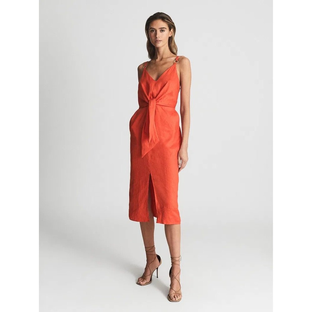Reiss Kay Tie Detail Linen Midi Dress Size 4 Orange